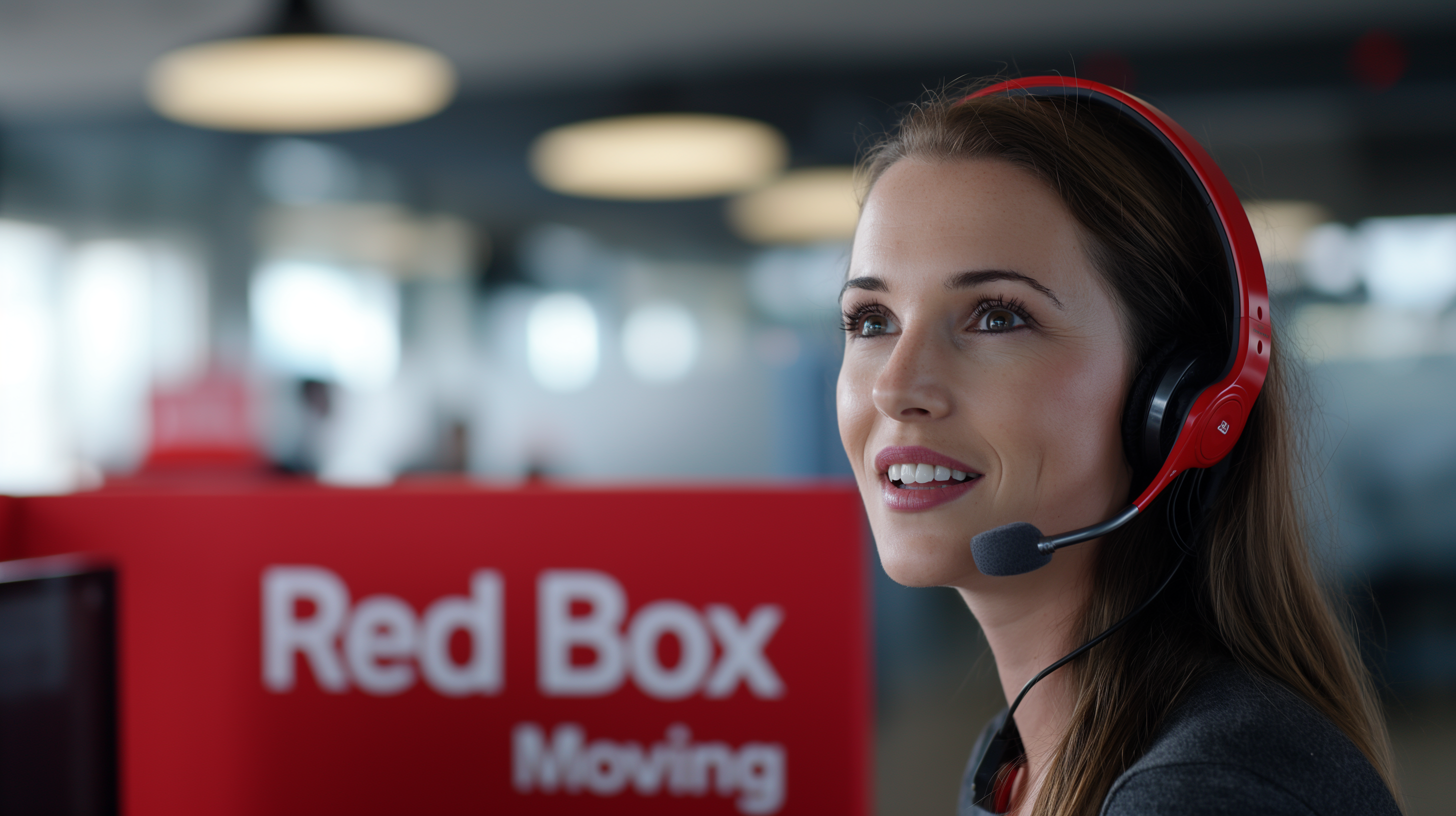 a white attractive female in her early thierties in an office room talking on the wireless telephone headset one red box bold white letters saying Red Box Moving 05