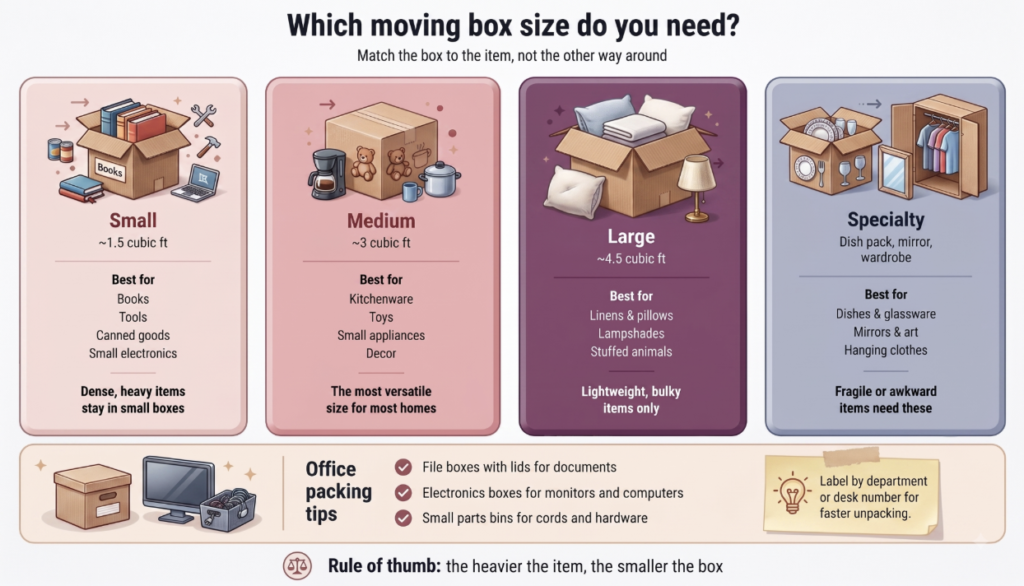 Infographic comparing small, medium, large, and specialty moving boxes and the items best suited for each size. It also includes office packing recommendations for documents, computers, electronics, cords, and hardware.
