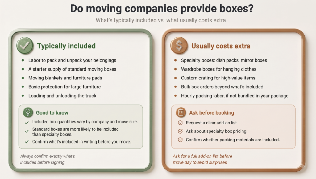 Infographic explaining which boxes, packing materials, and moving services may be included with a full-service move and which items, such as specialty boxes, wardrobe boxes, custom crating, and additional packing labor, may cost extra.