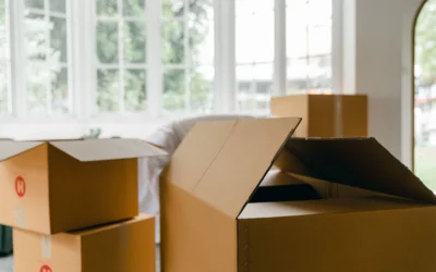 Open cardboard boxes in a spacious room with large windows, ideal for moving or organizing.